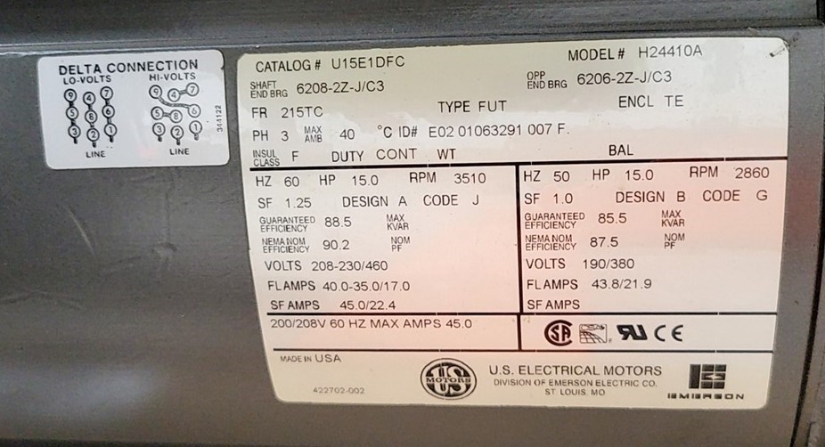 PAXTON AT1000B Centrifugal Type Blower W/ US Motors H24410A 15HP 50HZ SEE NOTES