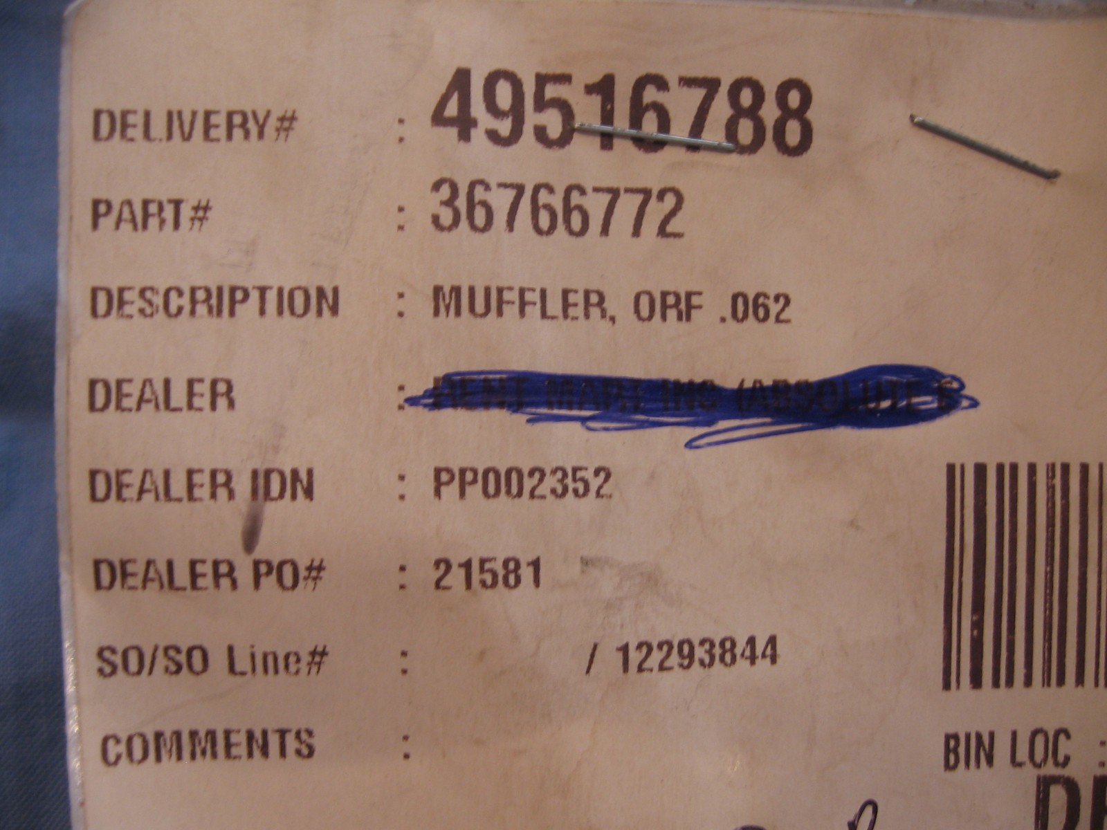DOOSAN NOS 36766772 MUFFLER .062 ORIFICE INGERSOLL RAND AIR COMPRESSOR BOBCAT