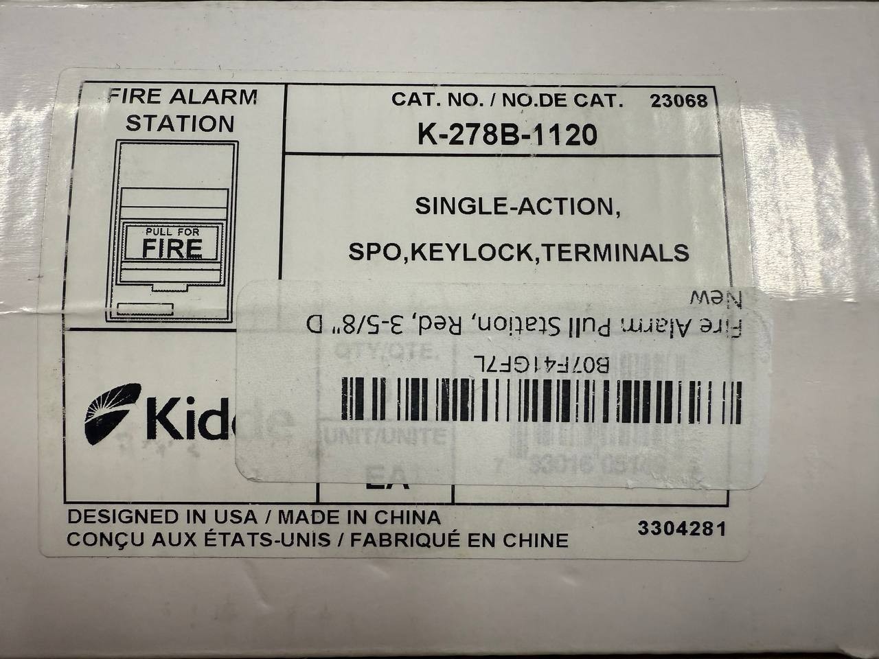 KIDDE K-278B-1120 Fire Alarm Pull Station Red 3-5/8″ D 405F23