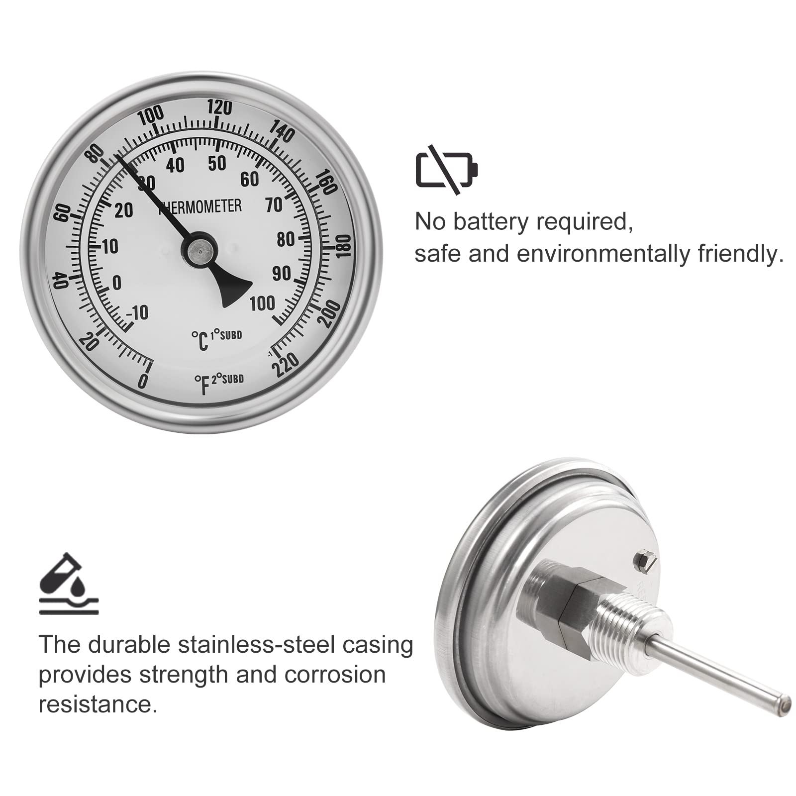 Stainless Steel Kettle Thermometer for Home Brewing, 1/2 NPT with Lock Nut & …