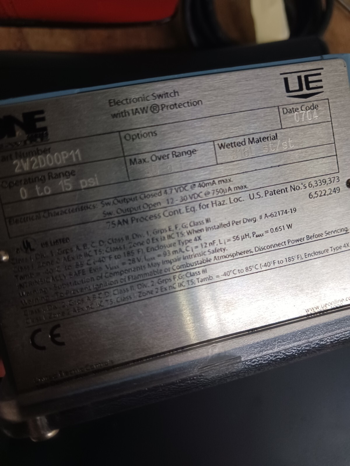 United Electric 2W2D00P11 Discrete Input Pressure Switch
