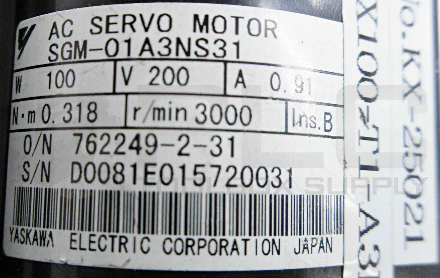 YASKAWA SGM-01A3NS31 AC SERVO DRIVE, W 100, V 200, A 0.91, N-m 0.318, 3000RPM