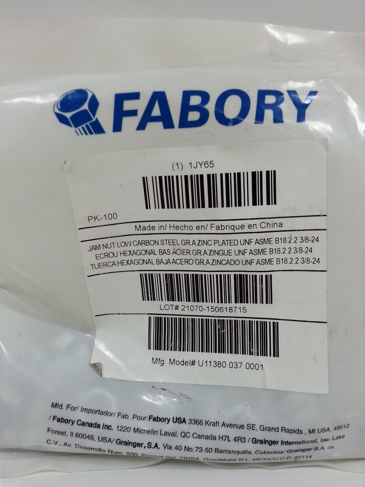 Fabory 3/8″-24 Jam Nut, Zinc Plated Low Carbon Steel, Right Hand 1JY65
