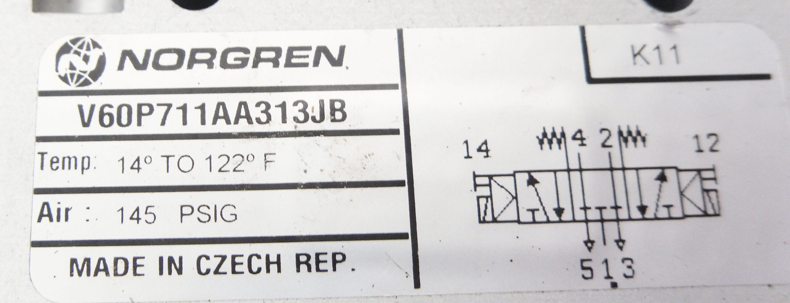 NORGREN V60P711AA313JB SOLENOID VALVE 145PSIG W/ (2) 13J COIL 24VDC 0.08A 2.W