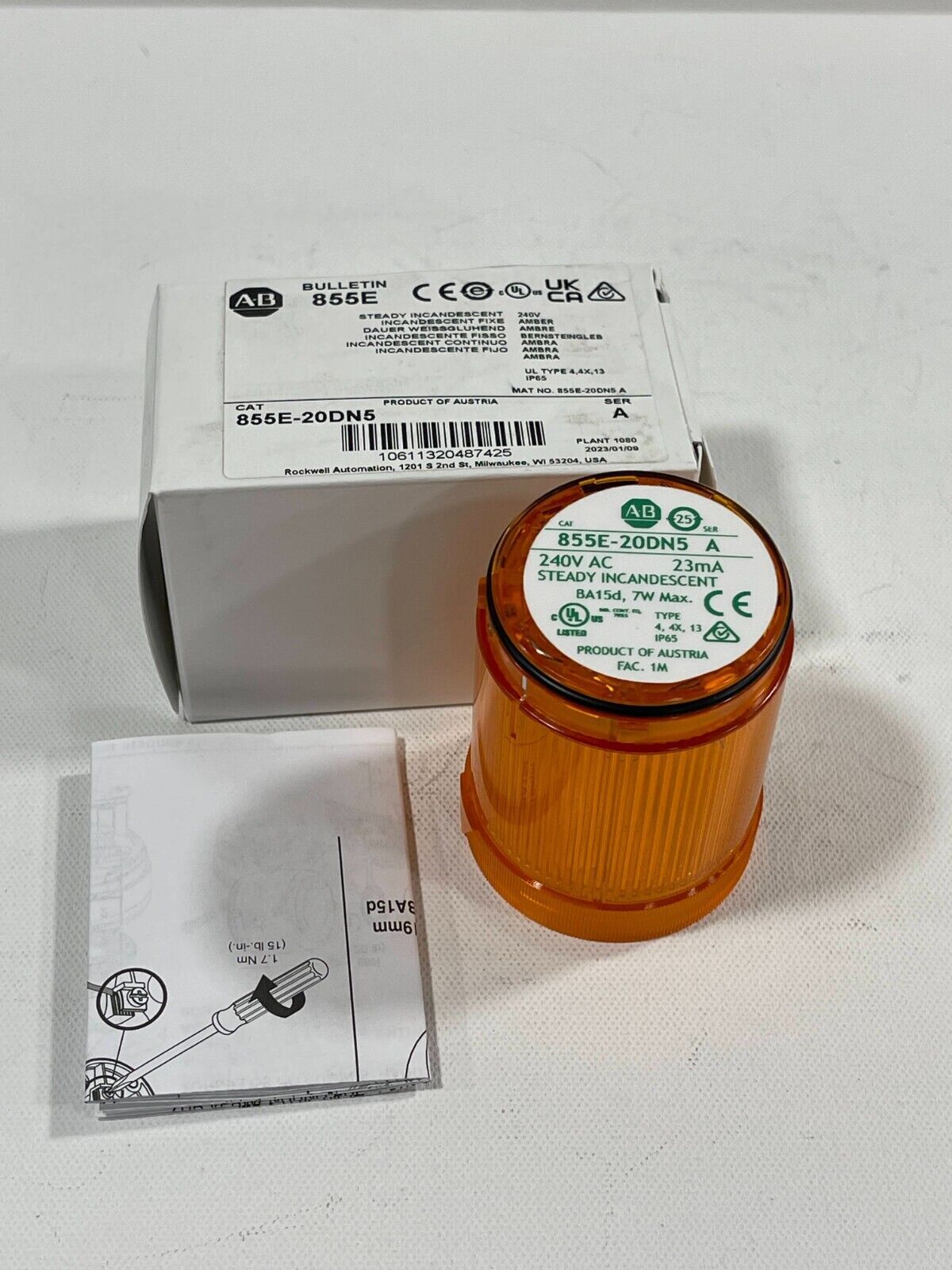 New! Allen Bradley 855E-20DN5 Amber Steady Incandescent 240V SER A