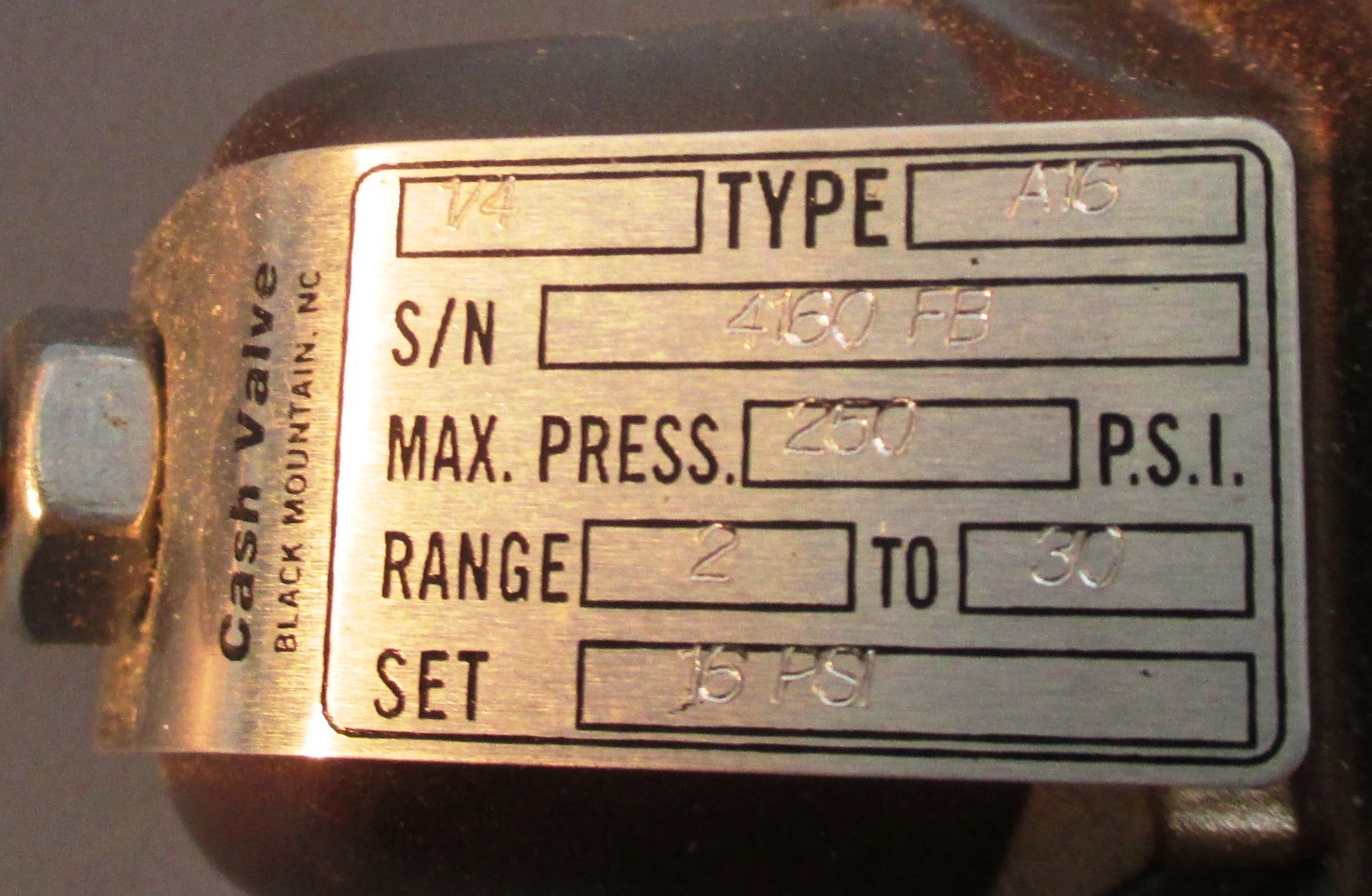 Cash Valve 04160-0016 A16 1/4″ Safety Relief Valve 250PSI Max, 16 PSI Set NIB