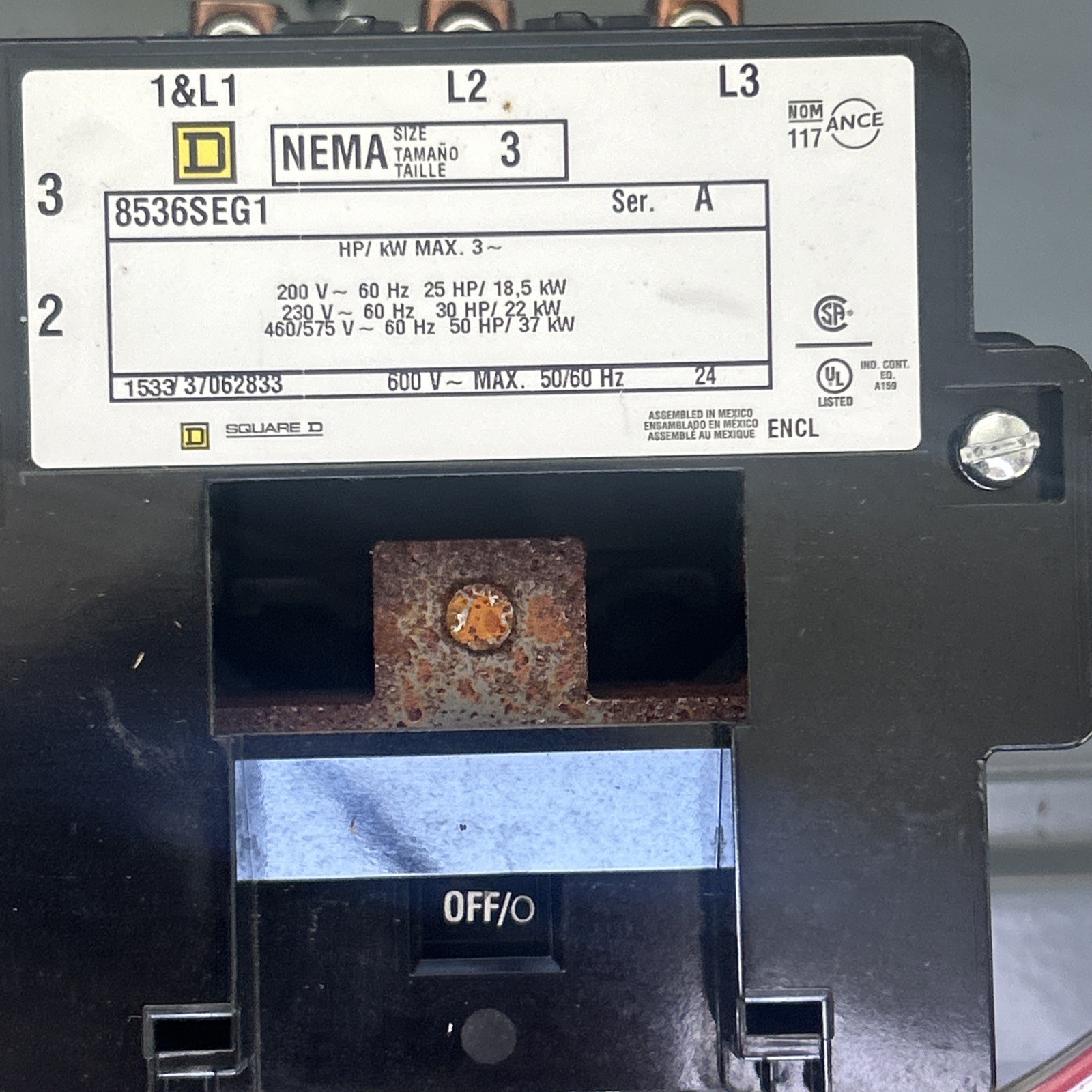 Square D 8536SEG1 NEMA Size 3 Magnetic Motor Starter 600V 50HP 3 Phase