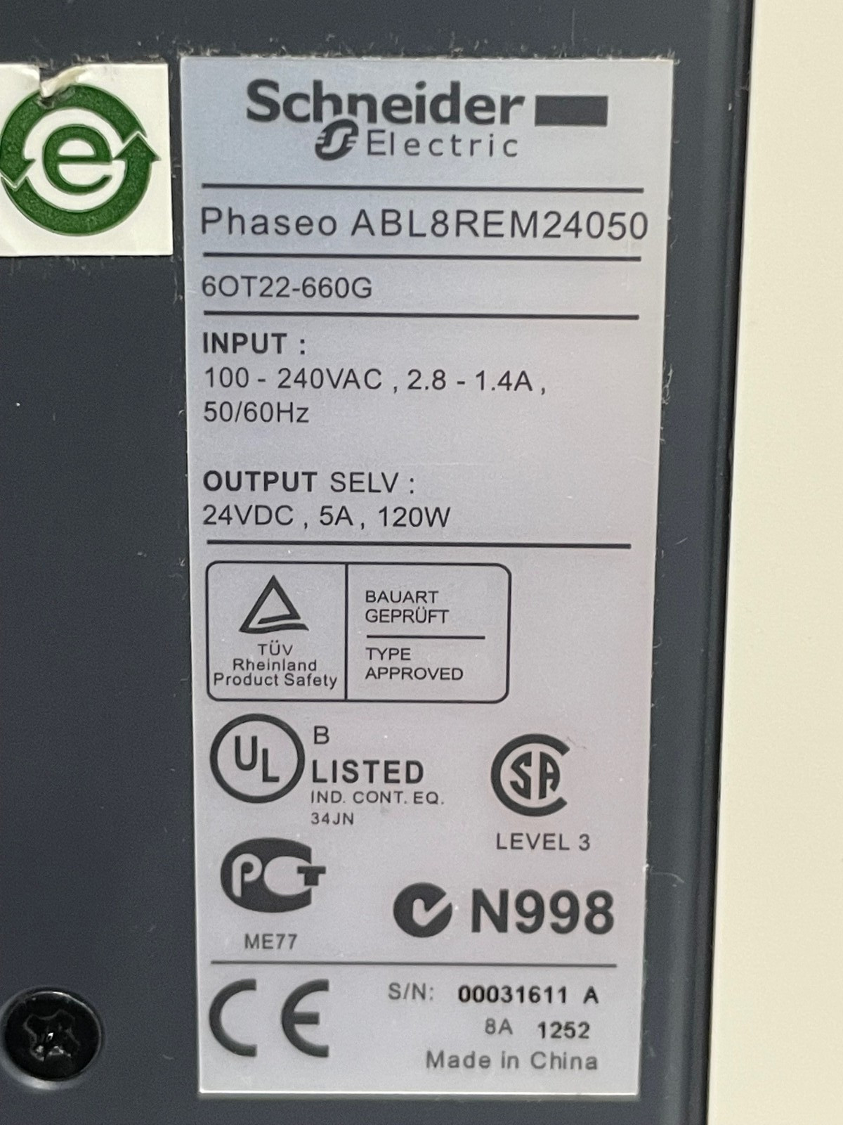 Schneider ABL8REM24050 Regulated Switch Power Supply 100-240V 24VDC 5A 120W