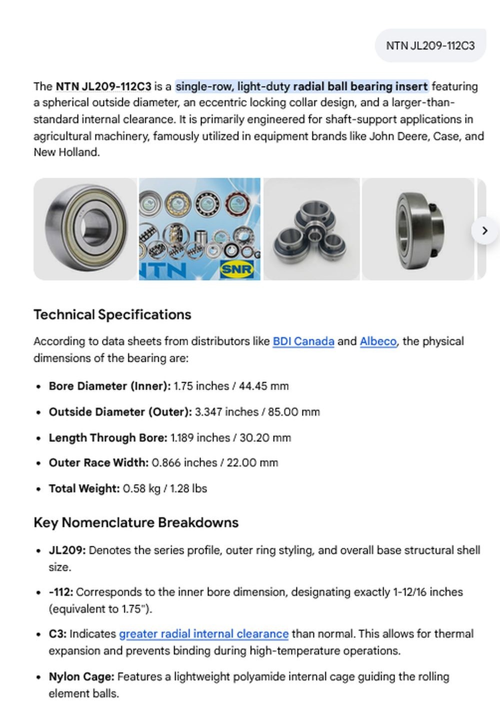 1 NEW NTN JL209-112C3 BALL BEARING INSERT NNB ***MAKE OFFER***