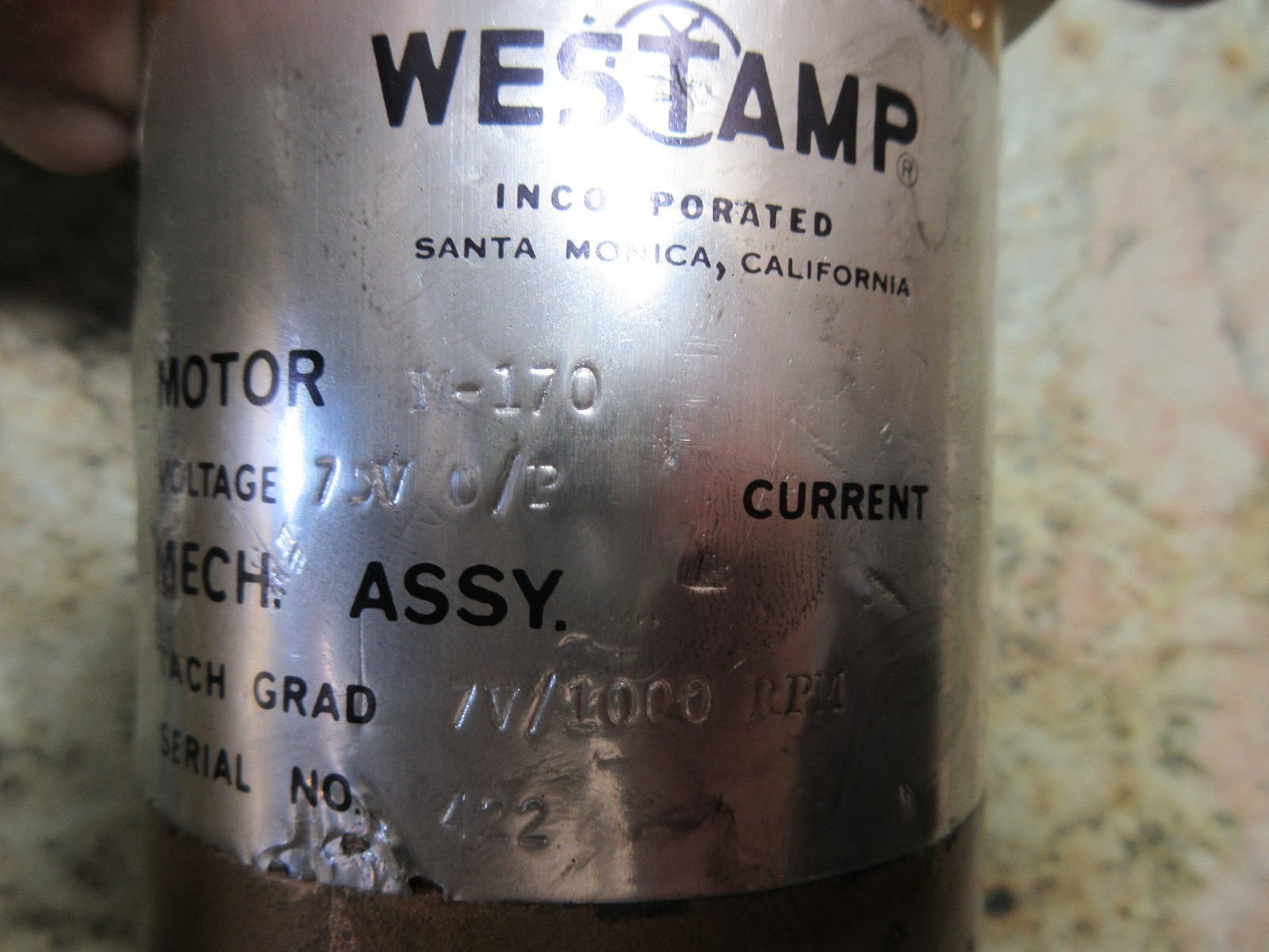 WESTAMP SERVO MOTOR M-170 75V 7V/1000 RPM BURKE J TYPE CNC MILL CNC3MD EACH