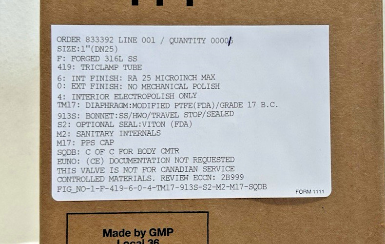 ITT Pure-Flo SS Diaphragm Valve FIG. NO. 1-F-419-6-0-4-TM17-913S-S2-M2-M17-SQDB