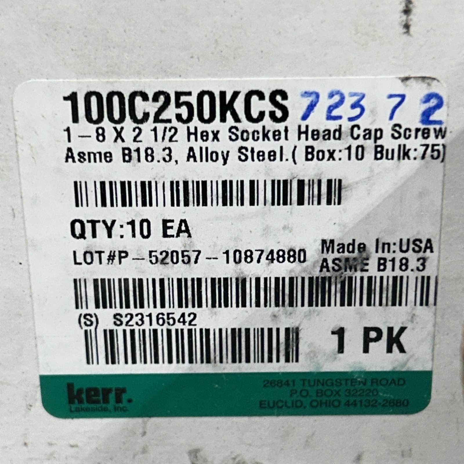 KERR AMERICAN STANDARD ALLOY STEEL 1-8 X 2-1/2″ SOCKET CAP SCREW 100C250KCS