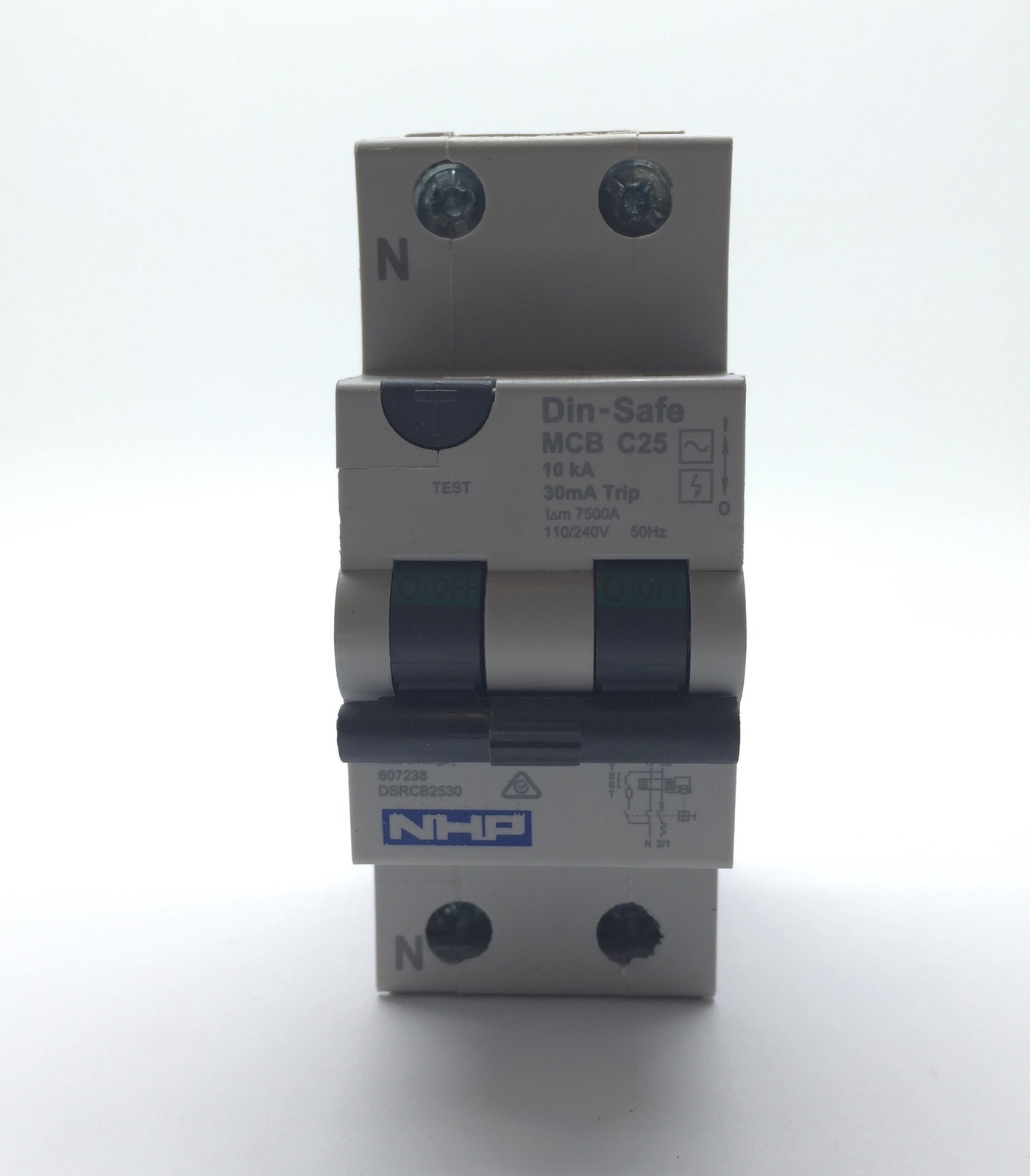 NHP DSRCB2530A Din-Safe MCB C25 25A 10KA IP+N C Curve 30mA