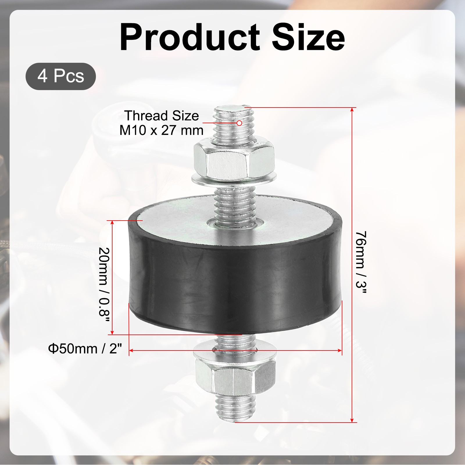 4 Pcs 20x50mm M10 Rubber Studs Shock Absorber, VV Type