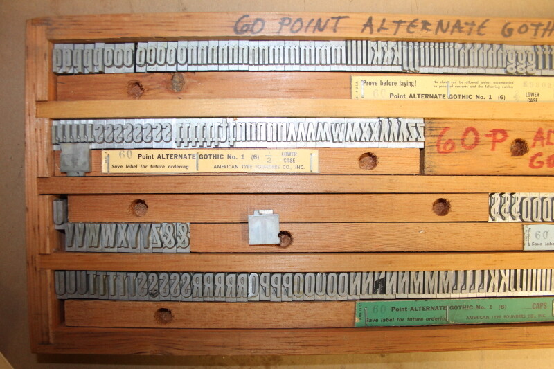 Type die set Alternate Gothic 60 pt upper and lower case, foil stamp