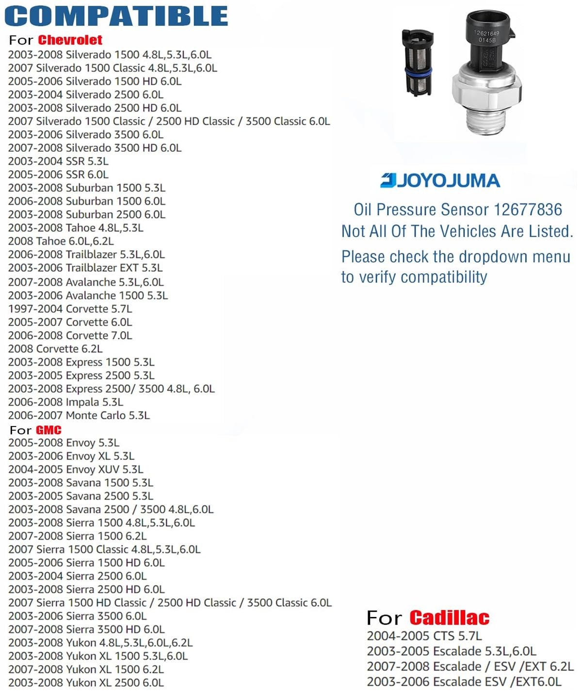 Oil Pressure Switch/Sensor/Sending Unit for 2003-2008 Chevrolet Chevy Silverado