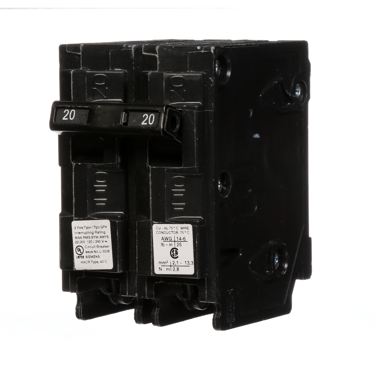 Siemens Q220H 120/240 Volt 20 Amp 22 kaic 2-Pole Type QPH Circuit Breaker