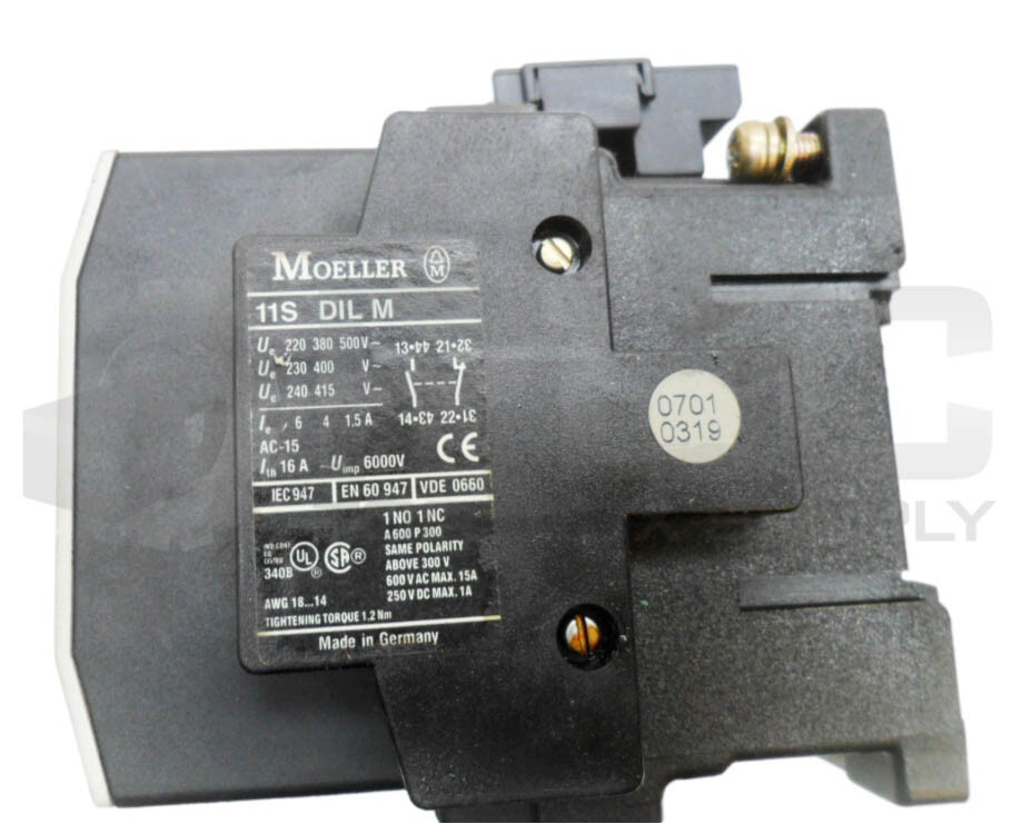 MOELLER DIL1AM CONTACTOR W/ (2) 11S DIL M AUXILIARY CONTACT W/ RC B DIL 250