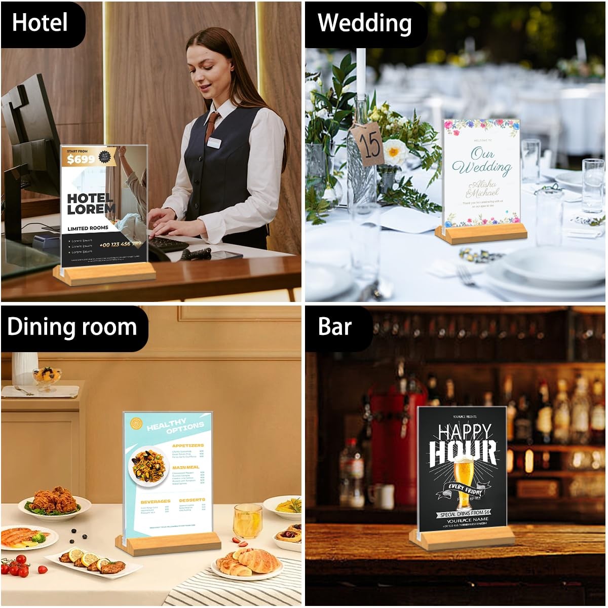 10 Pack Acrylic Sign Holder 8.5 x 11 Inch, Wood Base Signs Stand for Menu Flyer