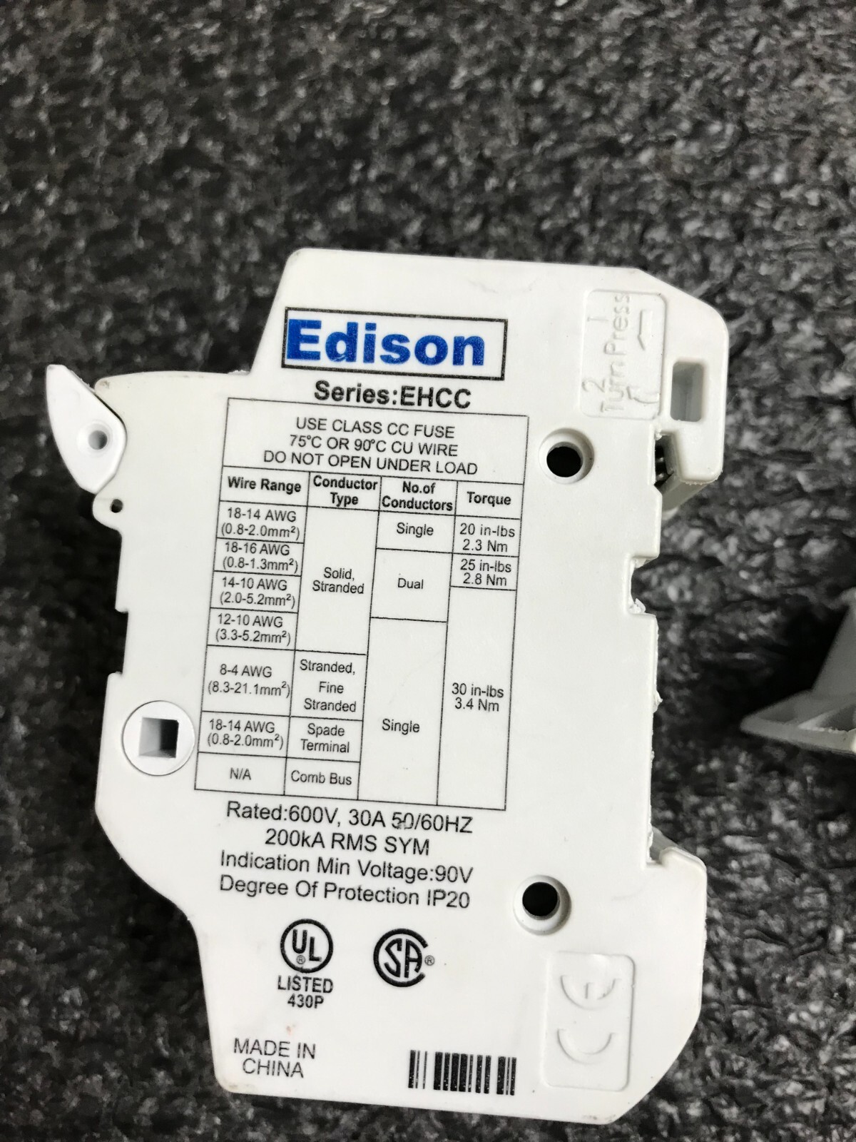 EDISON EHCC Series 30A 600V 200kA Fuse Holder 2pcs