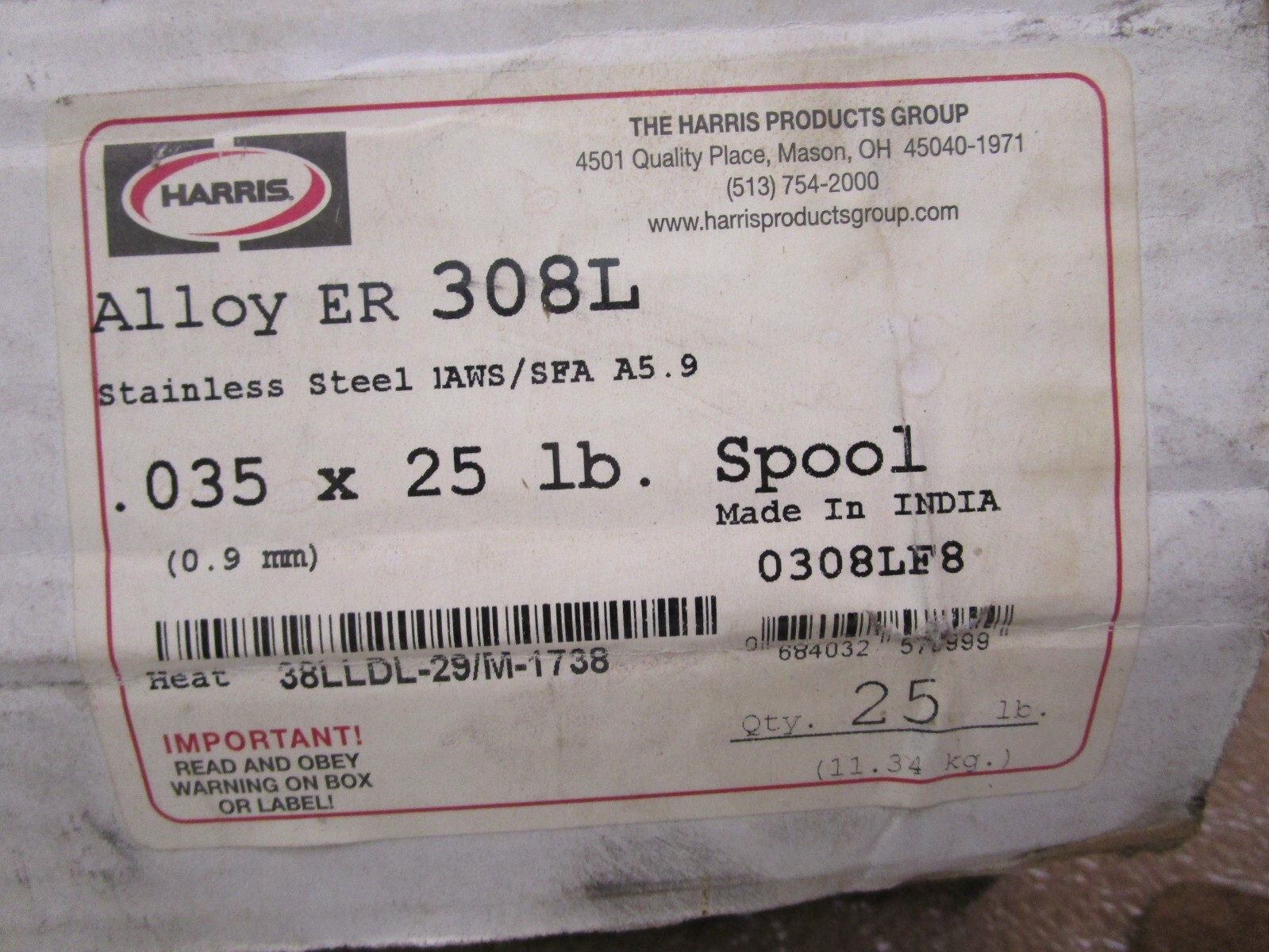 New Open Box Harris Alloy ER 308L Stainless Welding Wire 1AWS/SFA A5.9 51806HM
