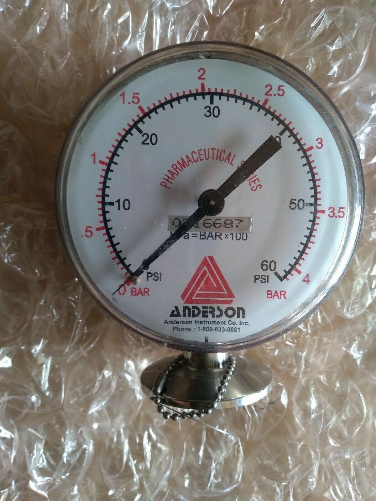 Anderson PI-240-100 Pharma Series Pressure Gauge 0-60 PSI 0-4 BAR CIP Sanitary