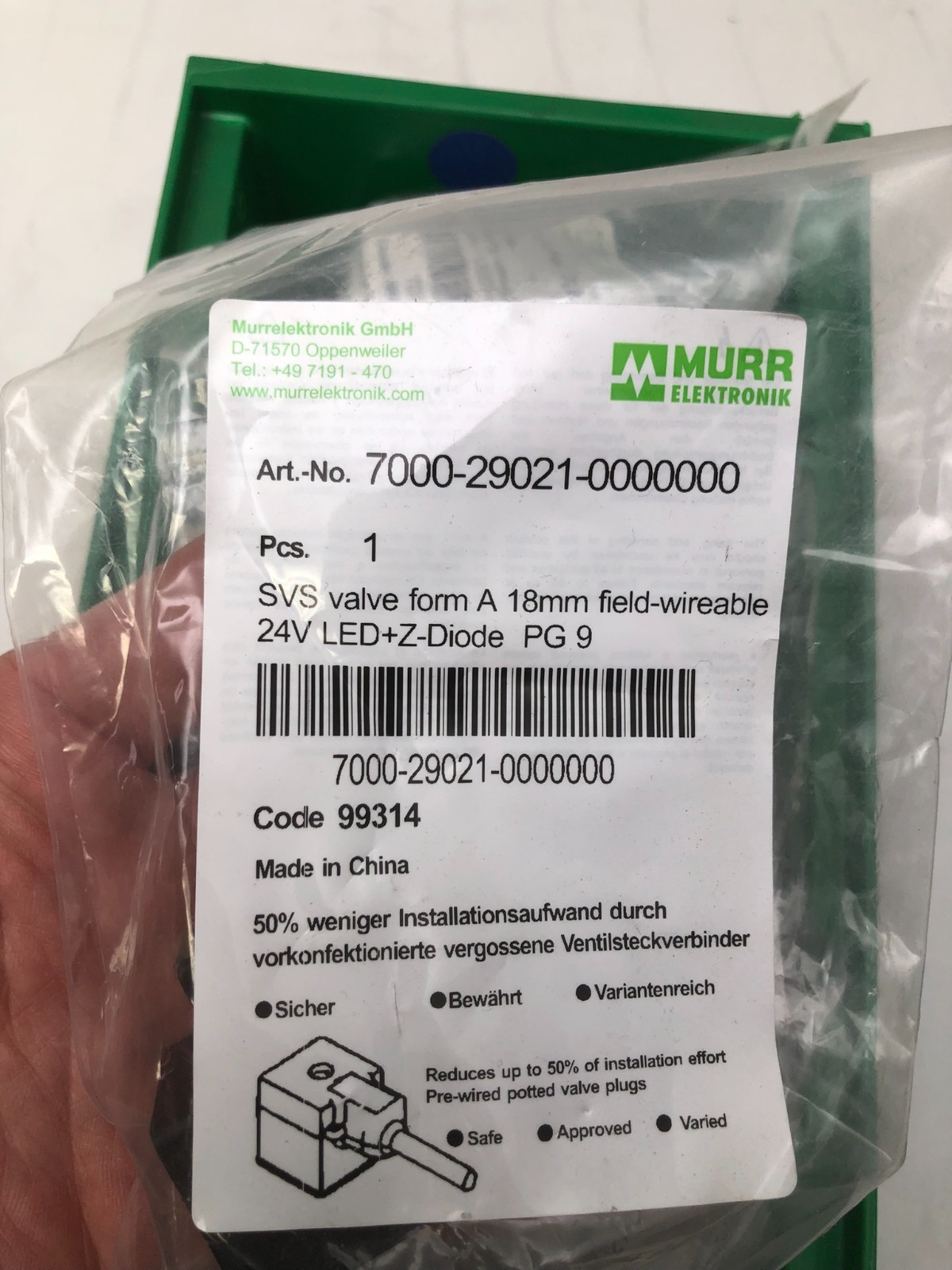 Murr Elektronik 7000-29021 Valve Connector Form A 18mm 24V LED Z-Diode PG9