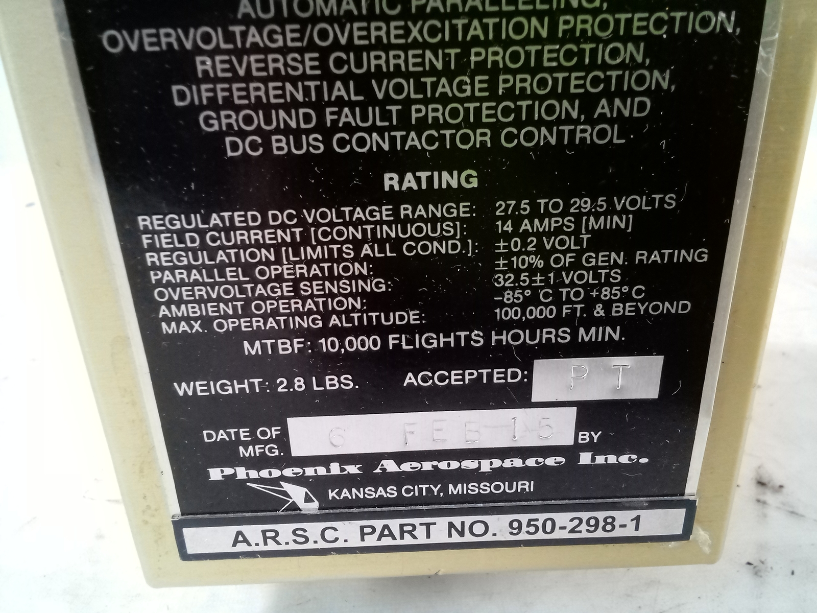 Phoenix Aerospace 950-298-1 DC Generator Control Unit 28V FAA-PMA SA366G