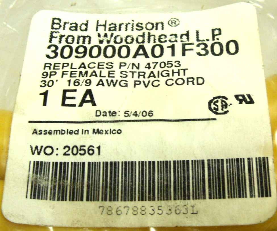 NEW WOODHEAD 309000A01F300 REPLACES 47053 MC 9P FP 30′ 16/9 PVC