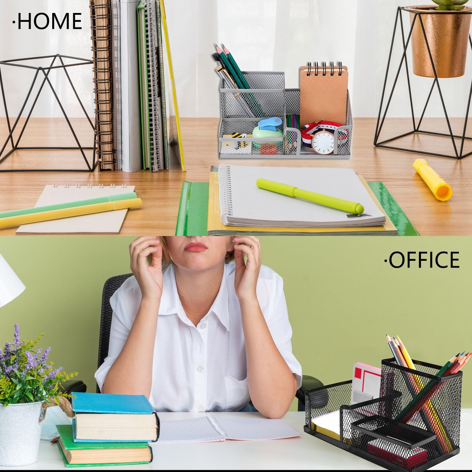 ASTIMESA 2 Pcs Metal Pen Organizer for Desk with 3 Compartments, Office black