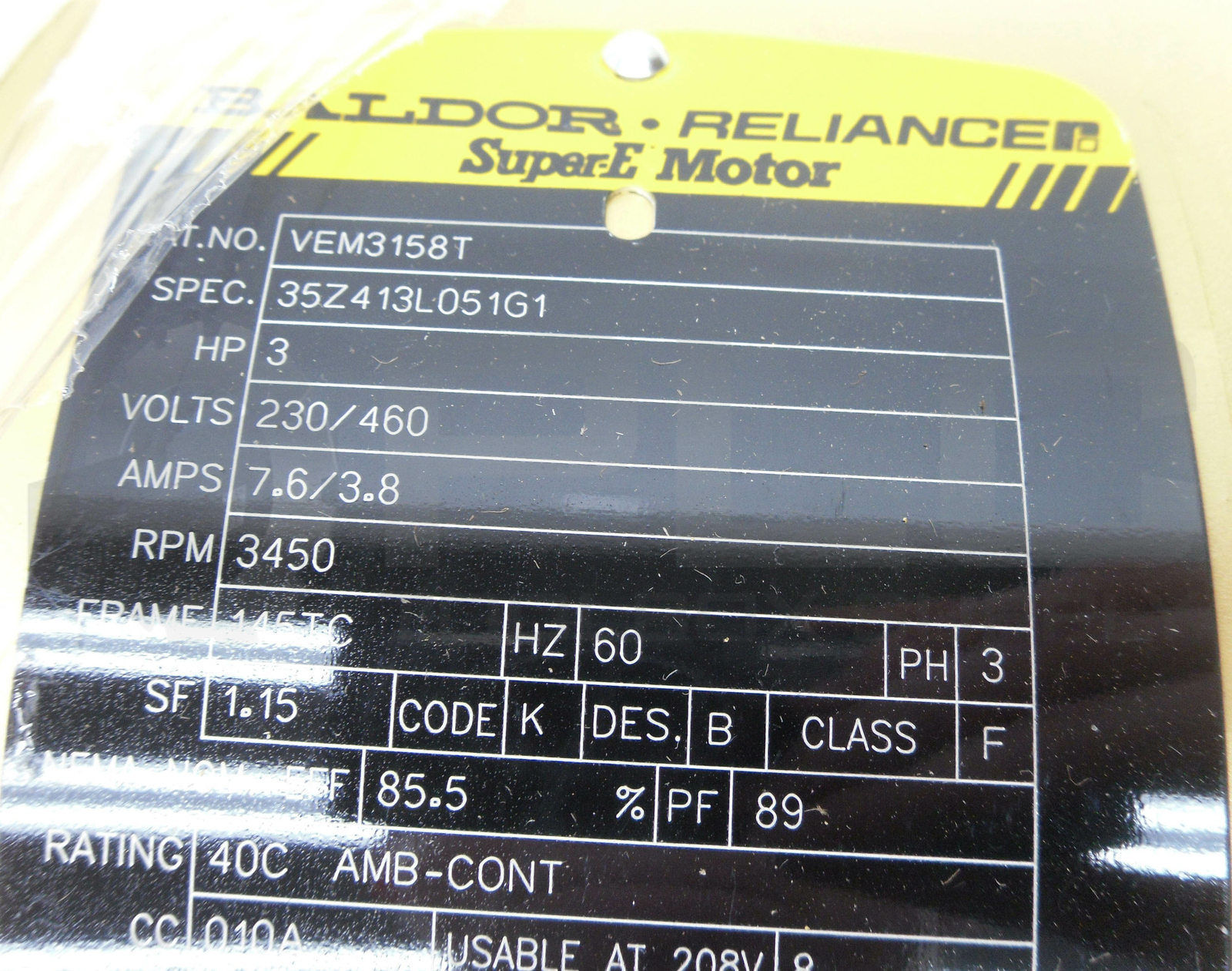 NEW BALDOR VEM3158T SUPER E MOTOR SPEC 35Z413L051G1 HP 3 230/460V RPM 3450