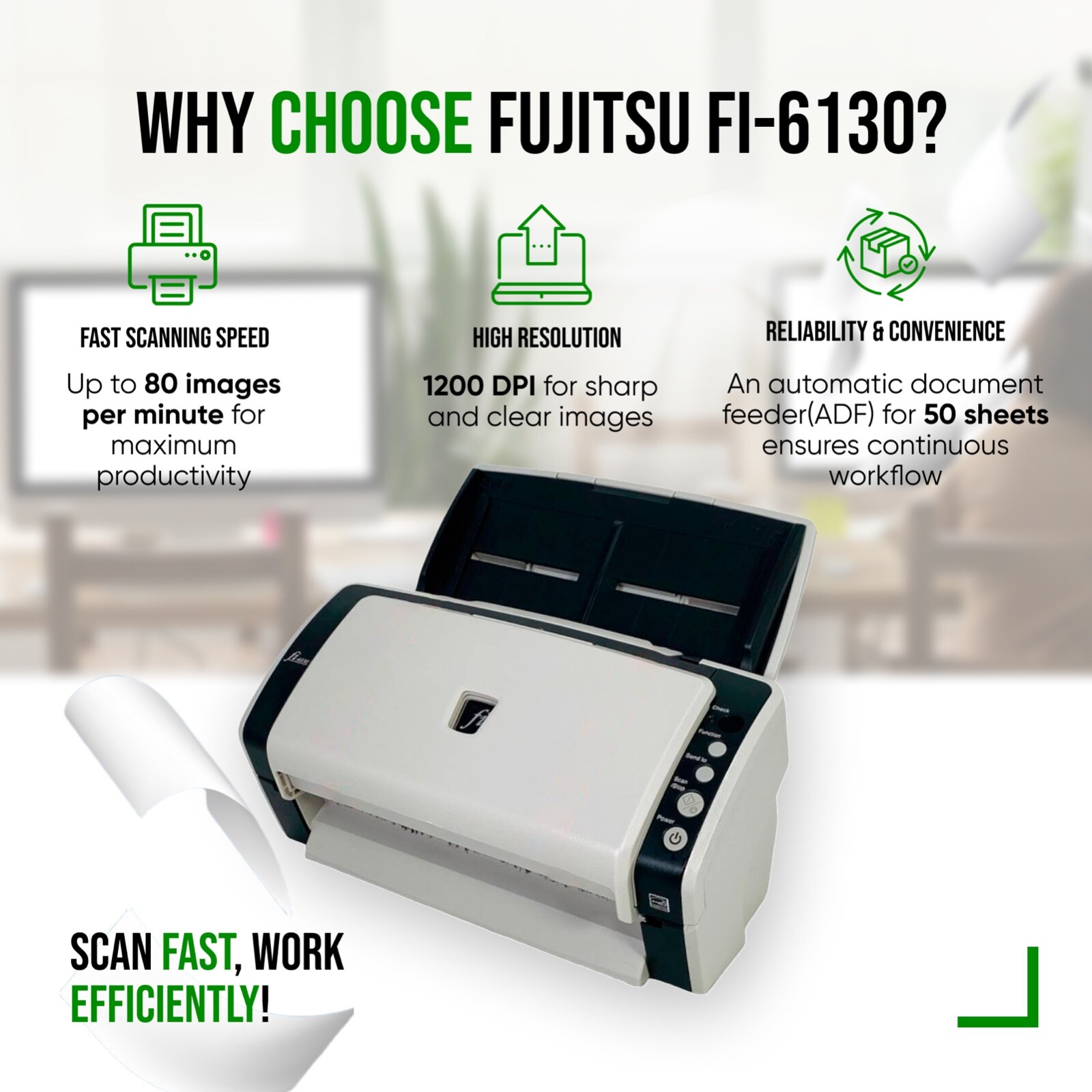 Fujitsu Fi-6130 Scanner For Business w/Adapter+USB+Drivers ZERO ROLLERS COUNT🔥