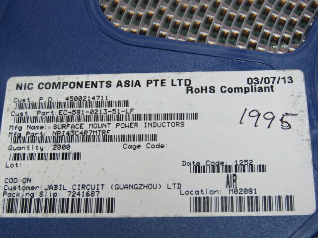 NIC COMPONENTS NPI43C4R7MTRF Qty of 250 per Lot nductor Power Unshielded Wirewo