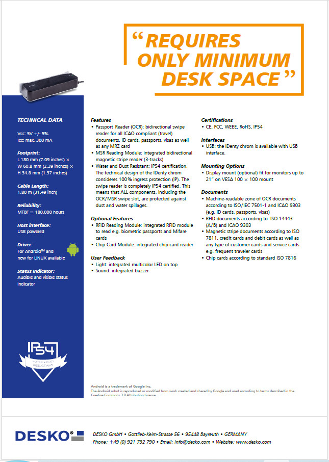 DESKO IDenty chrom 3001920 USB Passport ID Scanner OCR MSR IP54 Reader