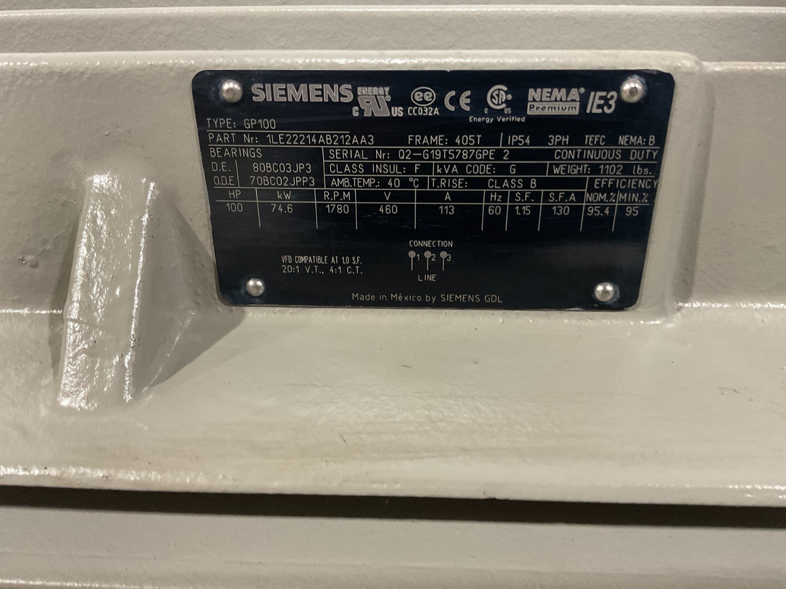 Siemens GP100 1LE22214AB212AA3 100HP, 1780RPM, FRAME 405T NEW
