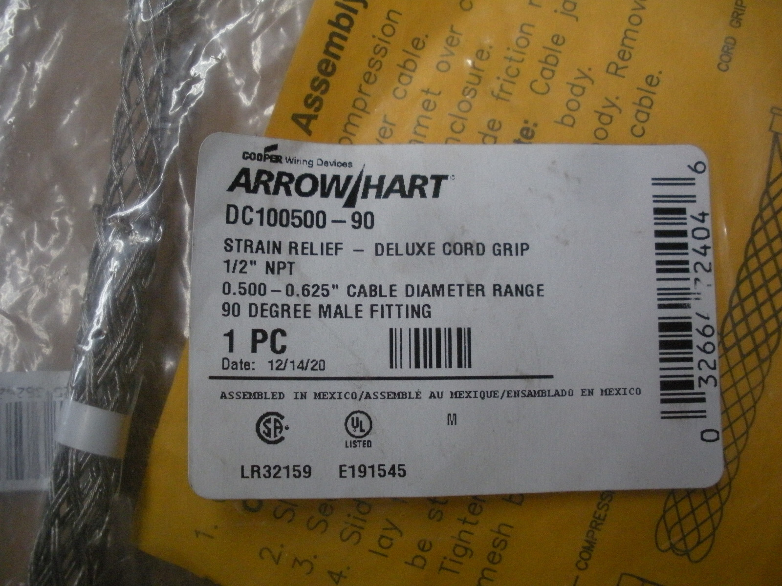 90 degree cord grip strain relief .5-.625 1/2-5/8 range Arrow Hart DC100500-90