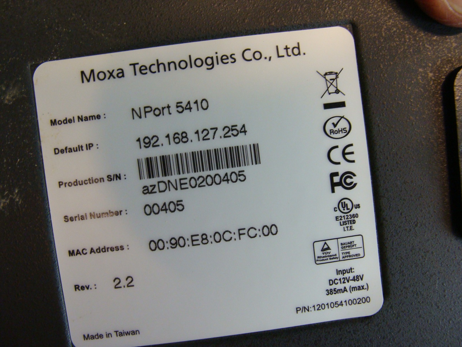 MOXA TECHNOLOGIES NPORT 5410 REV 2.2 4 PORT SERIAL DEVICE SERVER