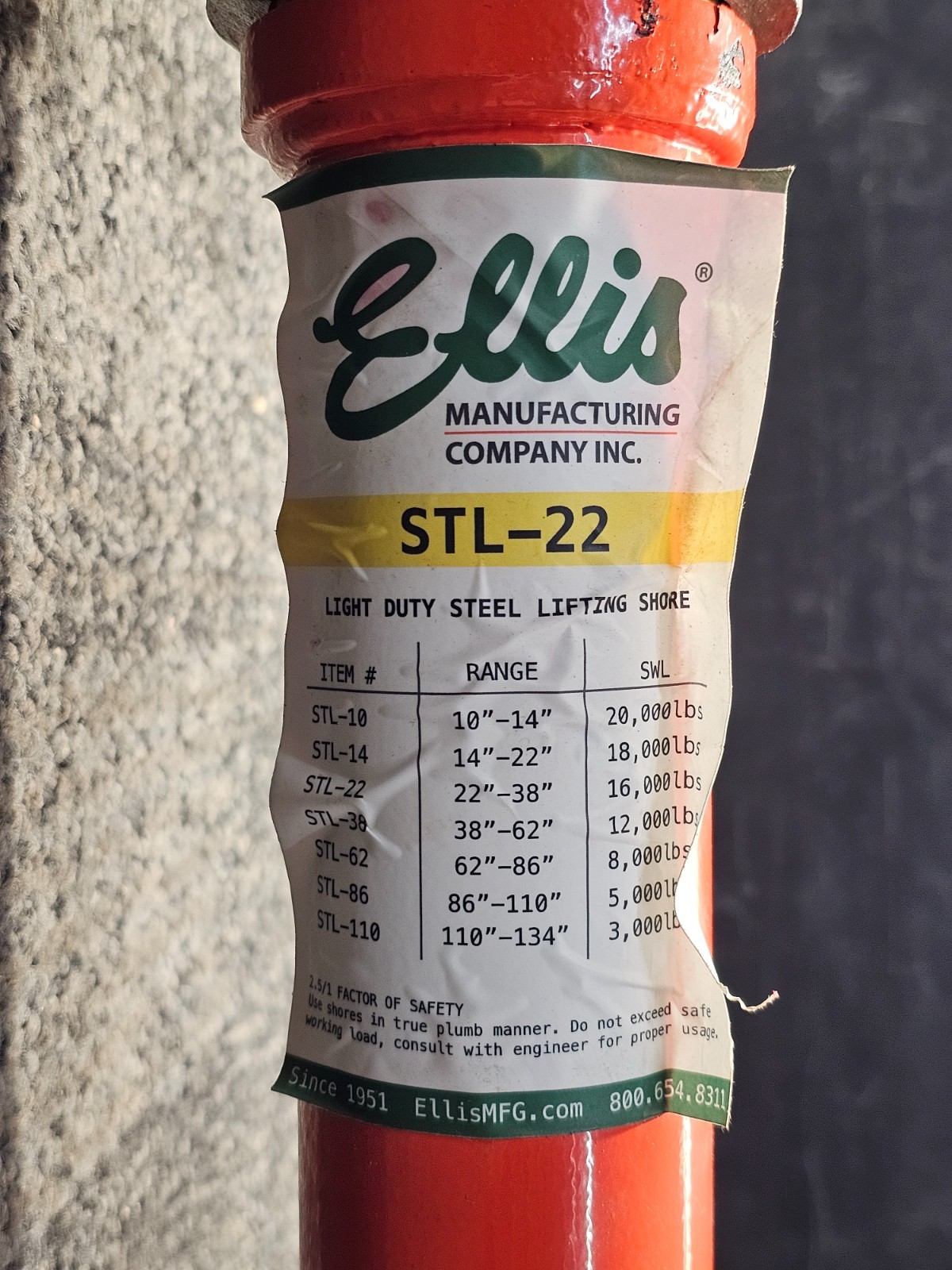 Ellis STL-22 Light Duty Steel Lifting Shore 22″-38″ Adjust Range 16,000 lb Cap.
