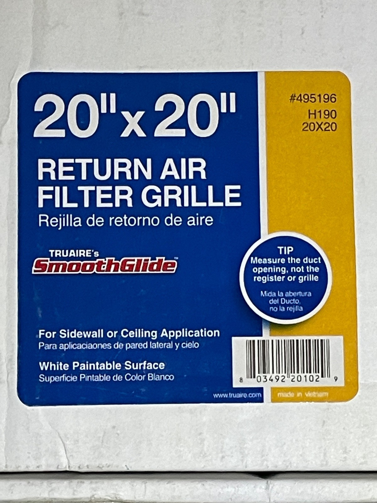 Truaire H190 20X20 1-Way Return Air Filter Grille, 20″W x 20″H x 1-3/4″Thk