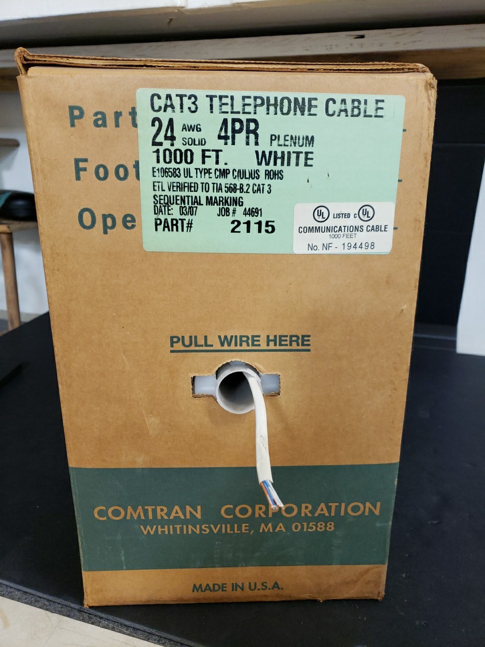 1000′ Telephone Wire CaT 3 4PR- 24 AWG OMNICABLE. #053