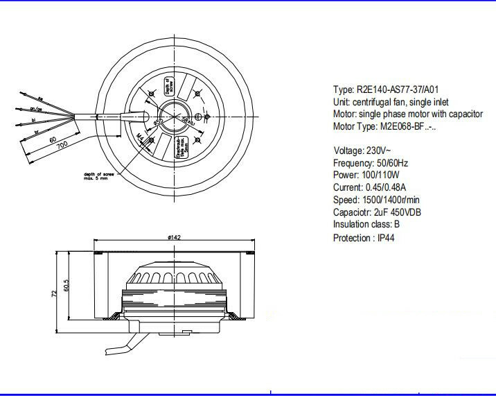 Ebmpapst R2E140-AS77-37/A01 Centrifugal Fan 230VAC 110W 0.48A φ140MM Cooling Fan