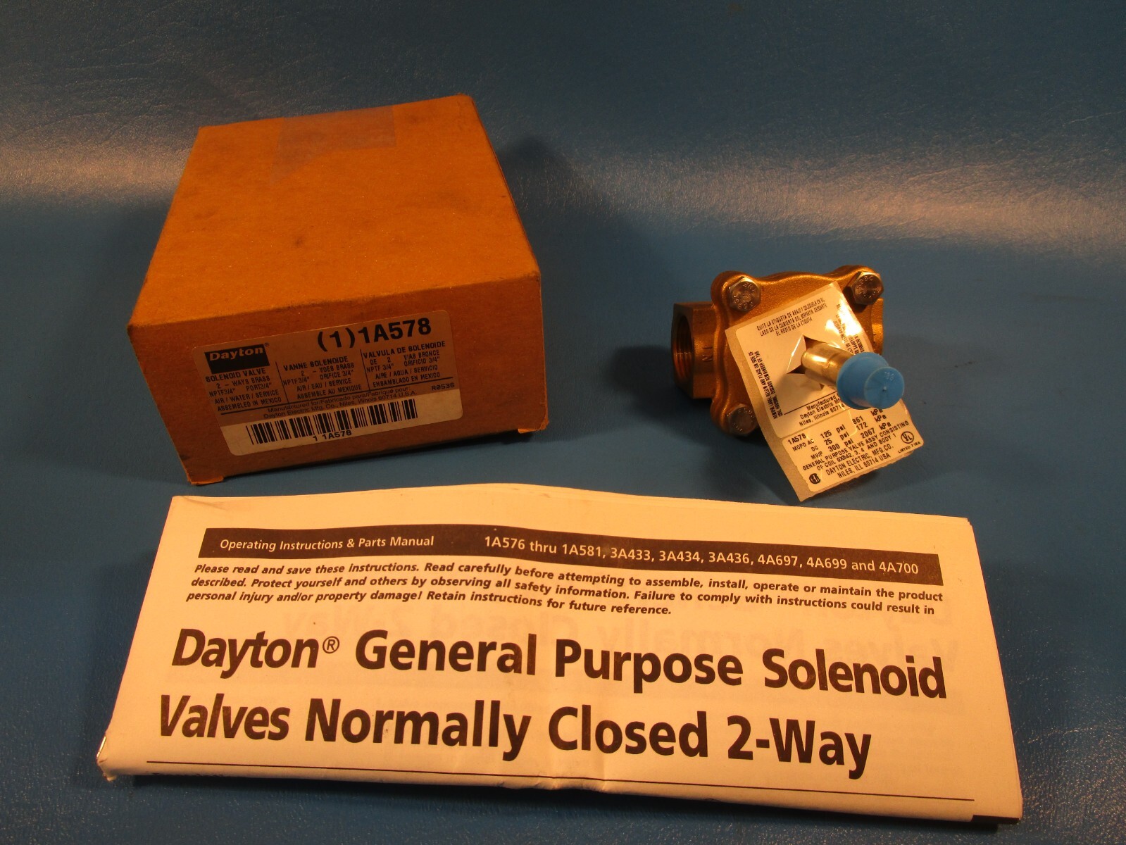 DAYTON 1A578, Solenoid Valve, 2 ways Brass, 3/4″ ports (GRAINGER)