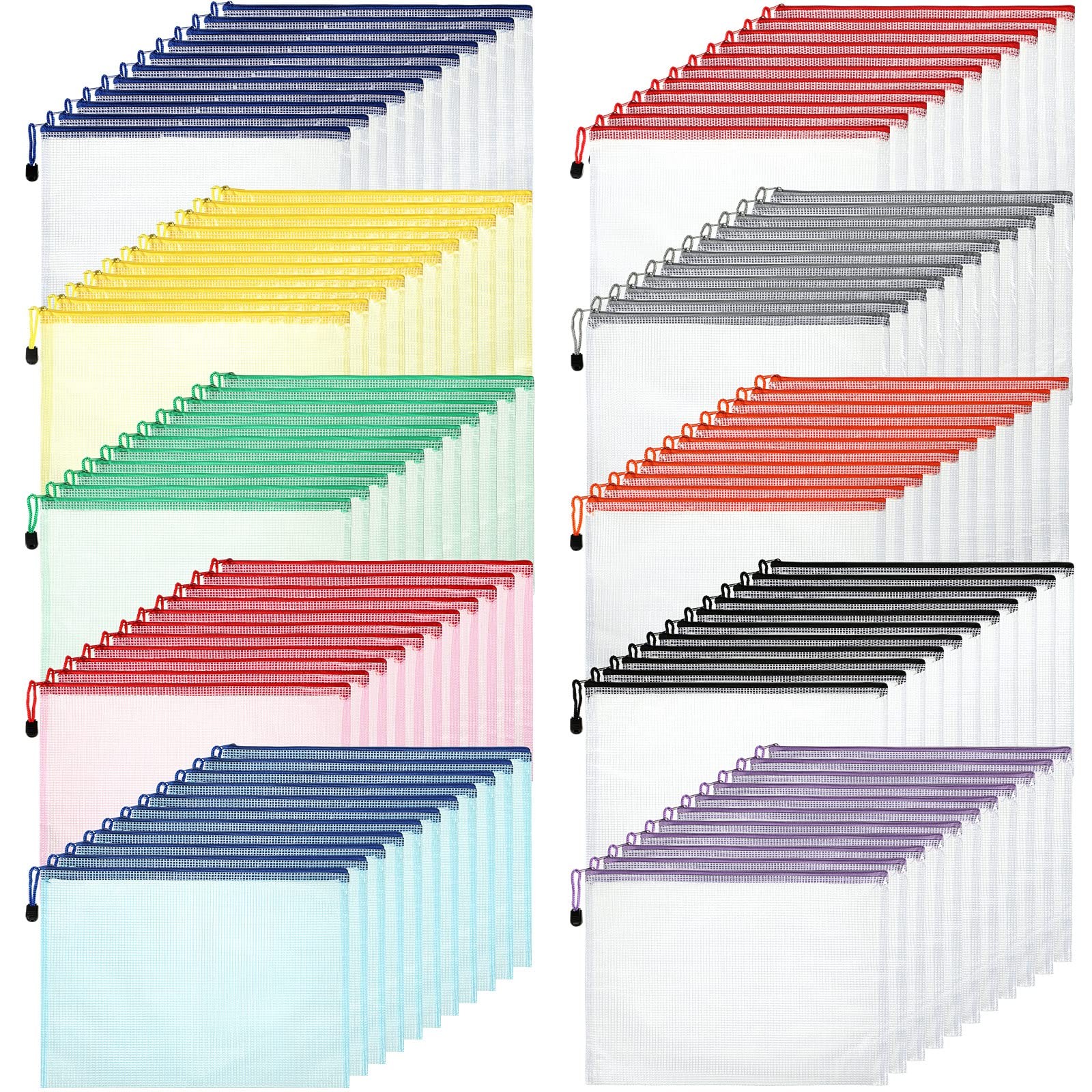 Zhehao 100 Pcs A4 Mesh Zipper Pouch Bag A4,13.19 x 9.45 Inch, Vivid Color