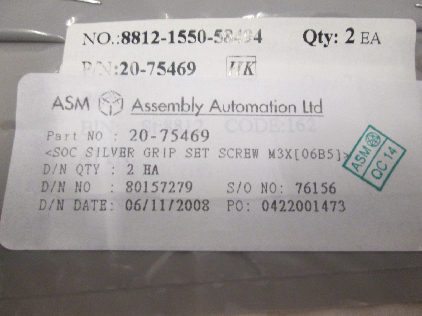 ASM, SOC Silver Grip Set Screw M3X, 20-75469, New, Lot of 2