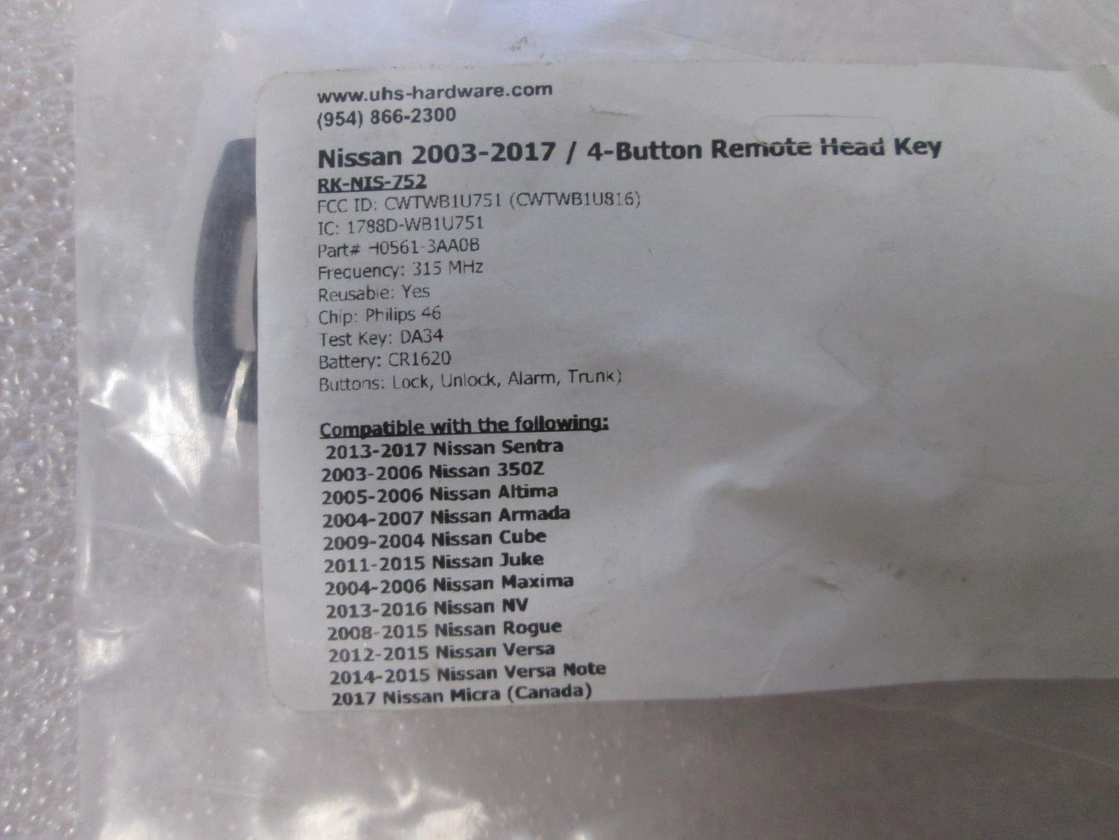 UHS HARDWARE RK-NIS-752 NISSAN 2003-2017 4-BUTTON REMOTE HEAD KEY