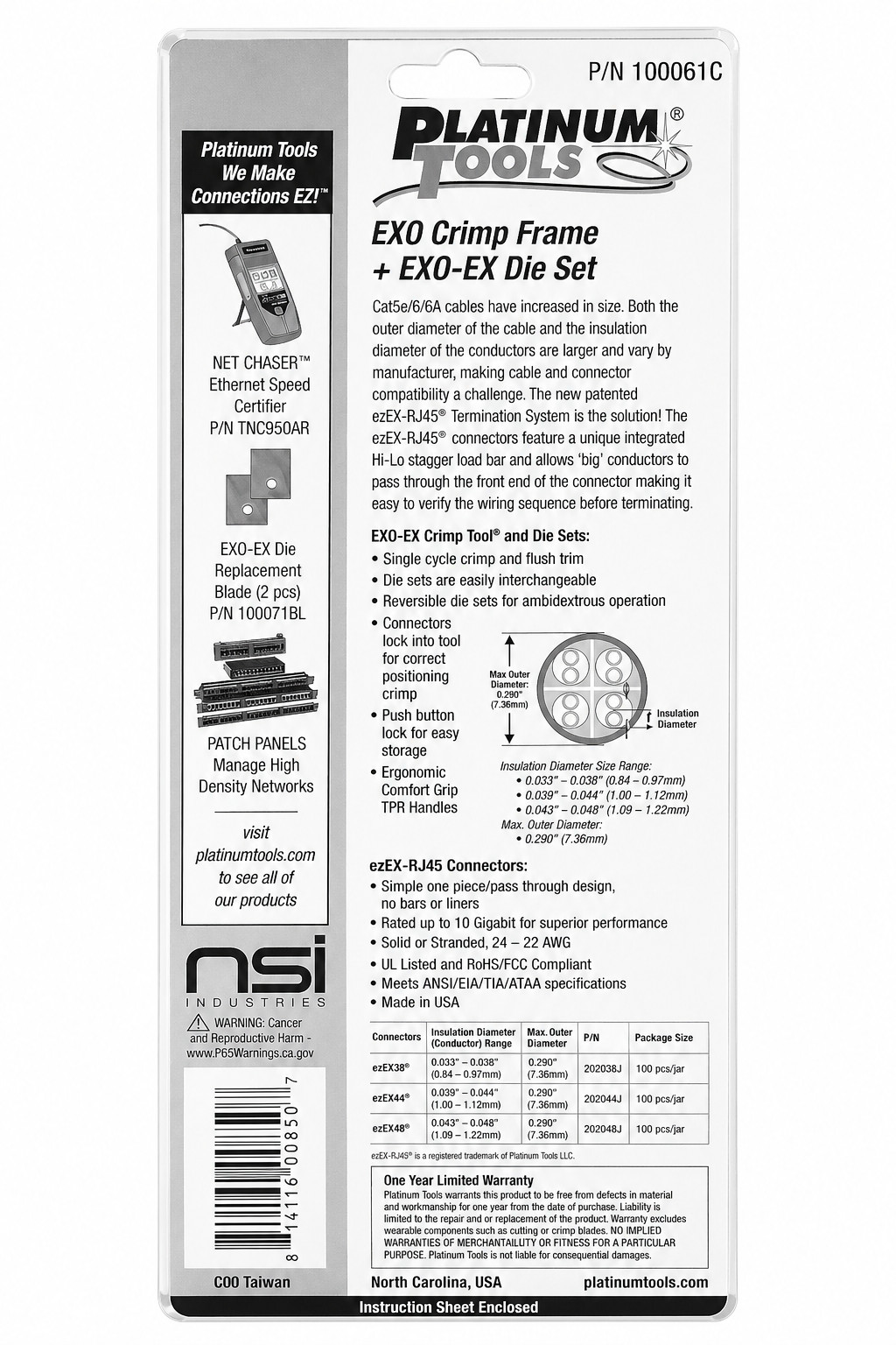 NEW Platinum Tools 100061C EXO Crimp Frame with EXO-EX Die for ezEX-RJ45