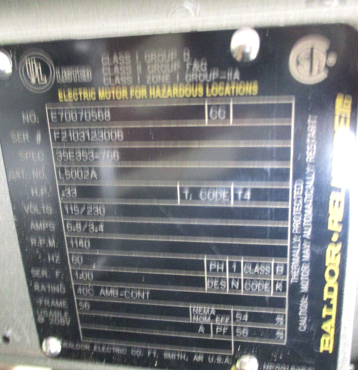 BALDOR-RELIANCE , ELECTRIC MOTOR , L5002A , 0.33-HP , 1140-RPM , SURPLUS