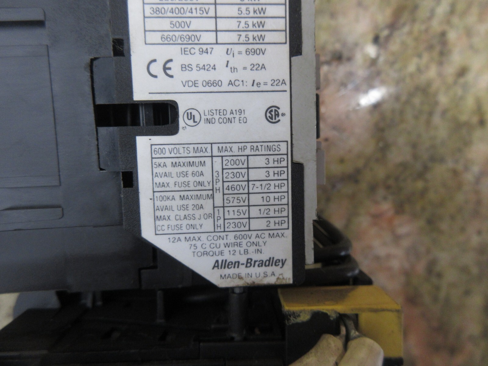 ALLEN BRADLEY CONTACTOR 100-A12NZ*3 SER.B 12A AC3 KW 690V 22A 193-BSB 22 B