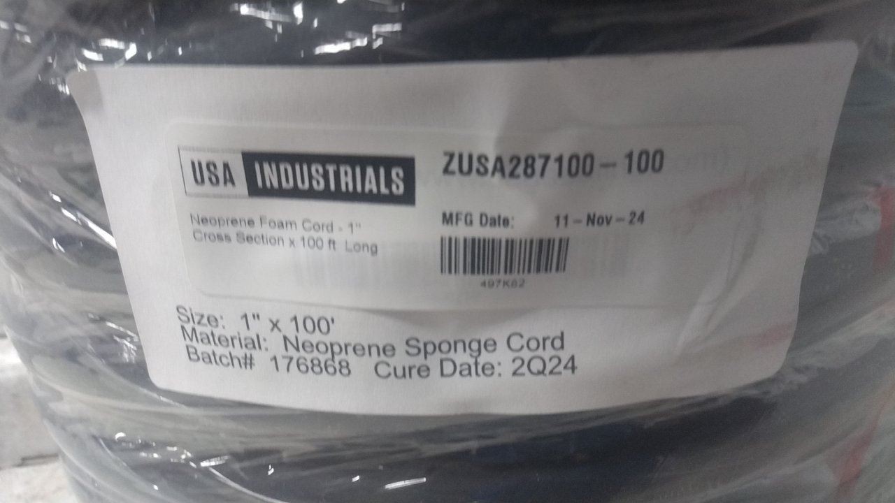 USA Industrials ZUSA287100-100 1 In Cross Section 100 Ft Overall L Neoprene Cord