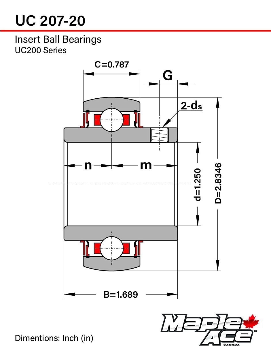 UC207-20 Insert Bearing 1-1/4″ Bore Spherical OD with Set Screws